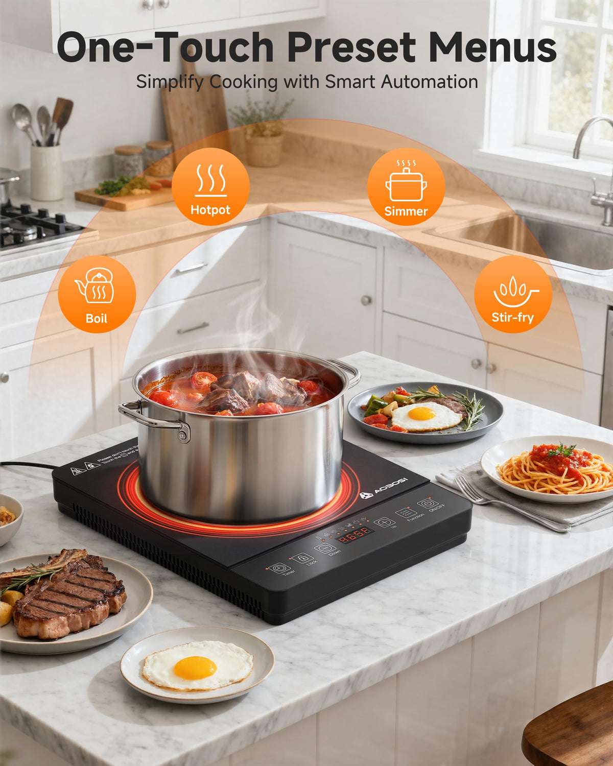 AAOBOSI Portable Induction Cooktop, 1800W, 20 Temp & Power Levels, Timer Fast & Even Heating, 4 Preset Modes, 4-Hour Timer, Compact & Portable, Easy to Clean, Apartments, RVs & Outdoor Cooking