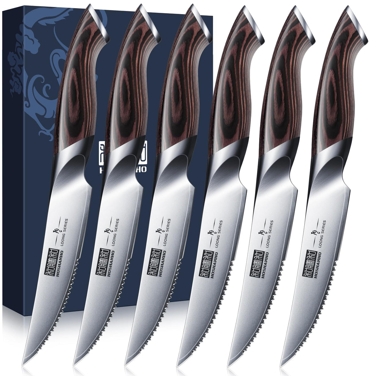 HOSHANHO Steak Knives Set of 6, Ultra Sharp 4.5 In Serrated Steak Knife Set Japanese High Carbon Stainless Steel Kitchen Steak Knives with Ergonomic Pakkawood Handle, Ideal Gifts