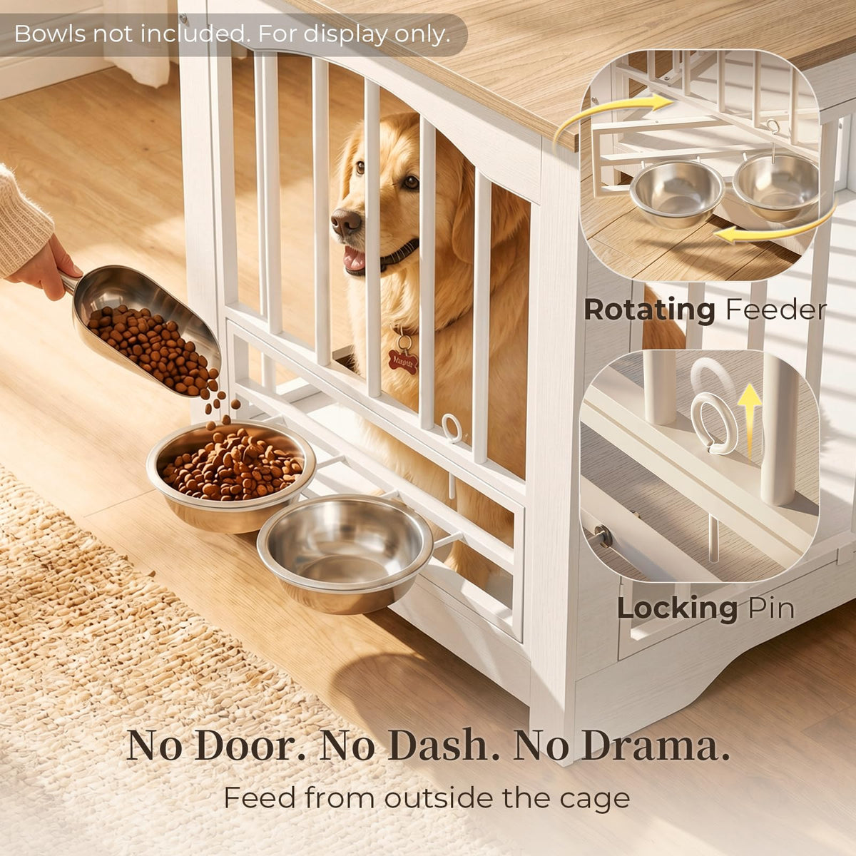 Dog Crate Furniture 38in, Wooden Indoor Pet Kennel End Table Modern farmhouse wooden indoor kennel with 360 Degree feeder door, double latches, solid base for medium dogs, Natural White