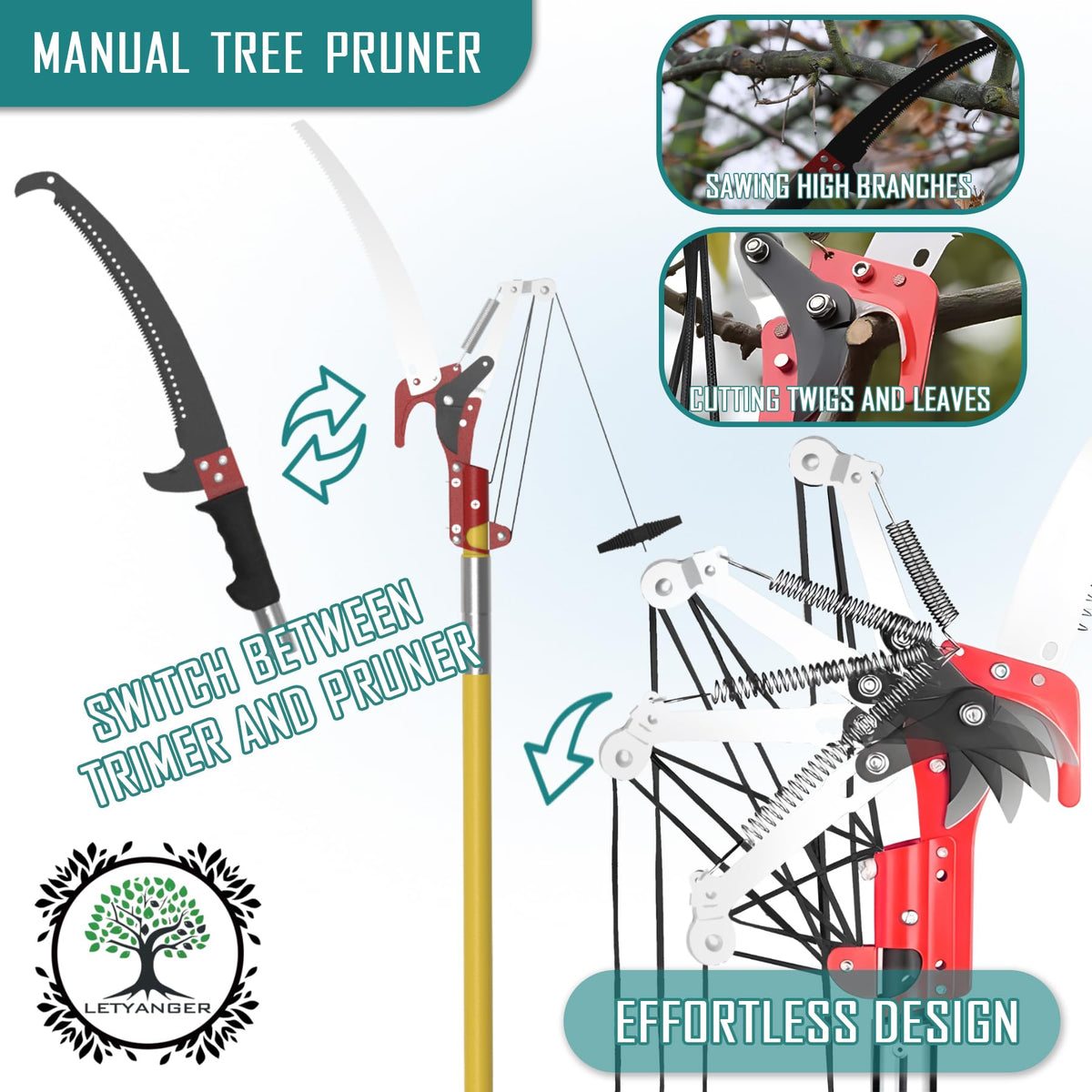 7.3-27FT Extendable Long Handle Pole Saw with Blade and Branch Scissors extendable pole saw; tree trimmer with scissors; pruning saw