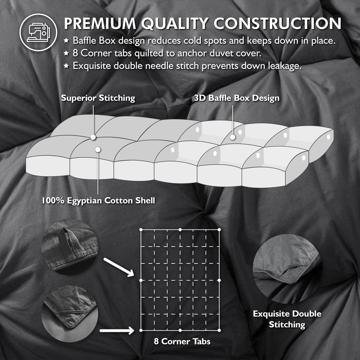 Luxurious All-Season Goose Down Feather Fiber Comforter King Size Duvet Insert, Exquisite Pinch Pleat Ruffled Twisted Flower, Premium Baffle Box, 100% Egyptian Cotton Cover, 70 oz. Fill Weight, Gray
