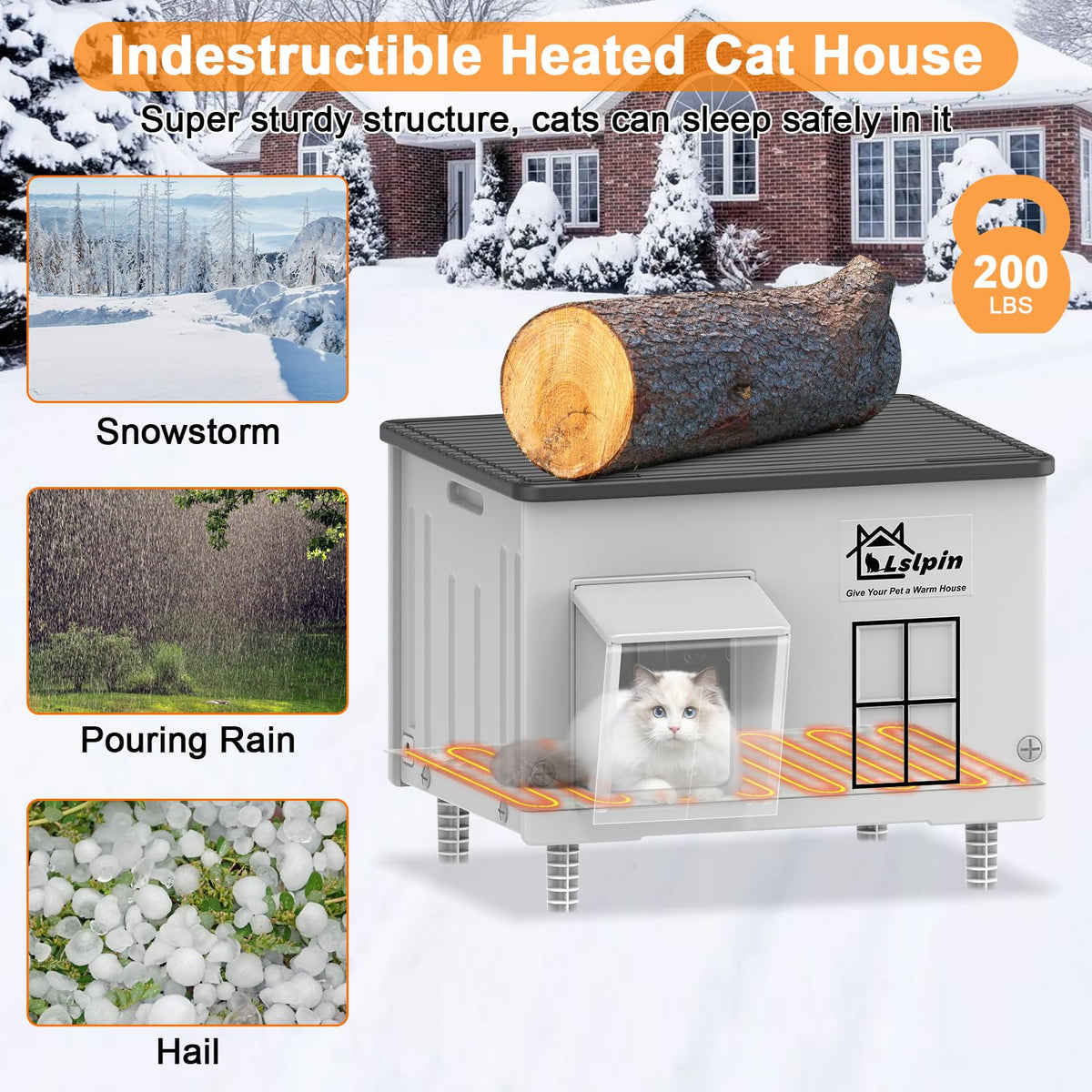 Large Heated Cat House for Outside Cats in Winter, Lslpin Weatherproof & Insulated Outdoor Feral Cat House with Escape Door,Outside Cats House Shelter with Heating Pad 21.6×16.9×17.5