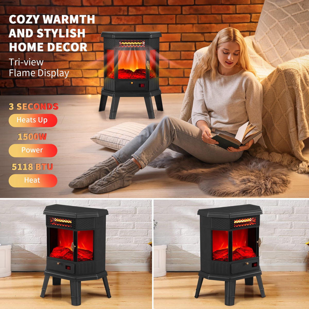 Electric Fireplace Heater 22 in Freestanding Fireplace Stove Infrared Fireplace RealSmart with 3D Flame Effect Remote Control, Timer, Overheating Protection Heater for Indoor Use Black