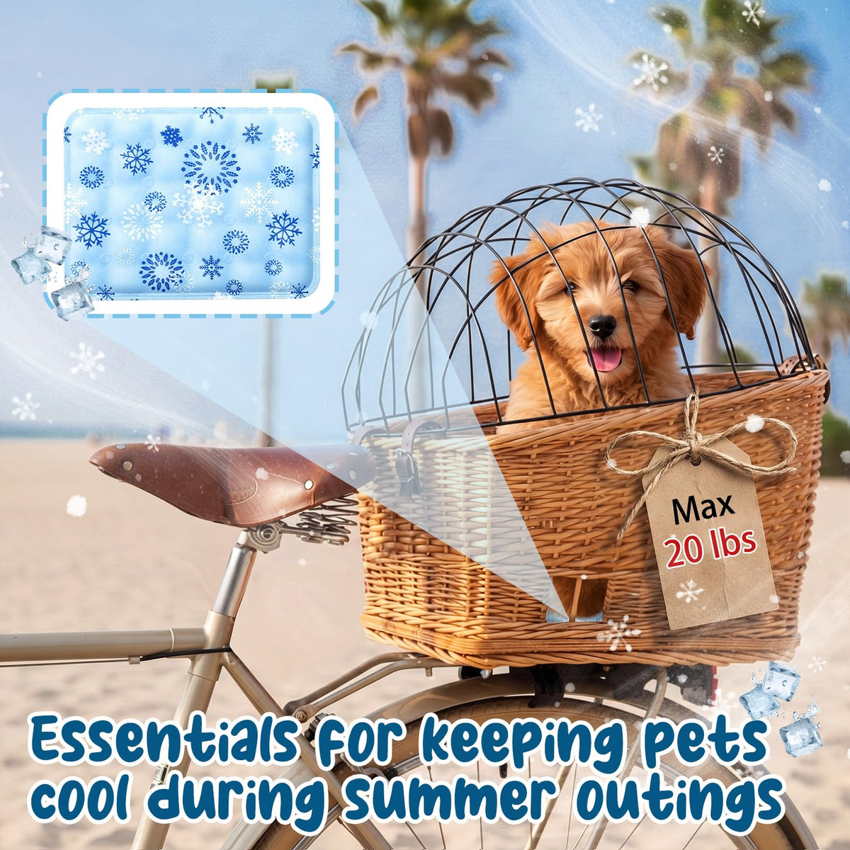 Wicker Dog Bike Basket for Small Dogs up to 20 Lbs, Tilted-top Fits Bicycle Rear Rack, Rattan Pet Carrier with Protective Grille, Cotton Cushion & Ice Pad, Breathable Design, Easy Install