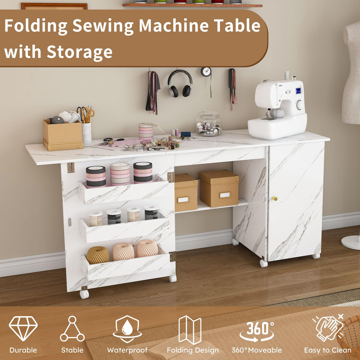 HRVEOCEI 57.5" Foldable Sewing Machine Table with Locking Wheels, Multi-Storage Craft Station with Shelves, Bins & Cabinet, Adjustable Compact Sewing Cabinet for Home, Bedroom, and Craft Room