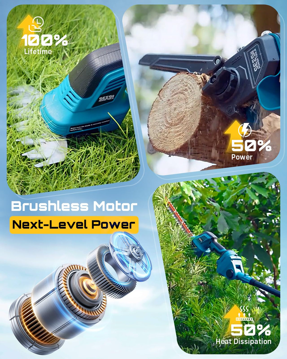 SEESII 6-in-1 Cordless Pole Saw & Hedge Trimmer Combo, Brushless Motor Electric Mini Chainsaw with 2×4.0 Ah Batteries, Extendable Tree Pruner, Bush Trimmer Limb Branch Cutter, Grass Shears