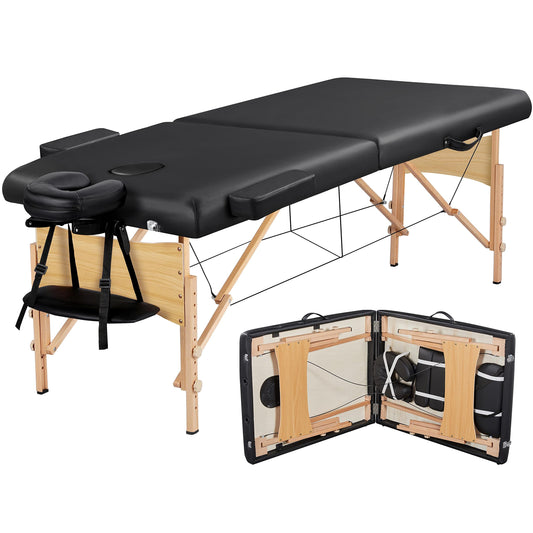 Yaheetech 84x28in Portable Massage Table Folding Adjustable Lash Bed, Black Beechwood Legs, 28in Wide with Sturdy Support, Height Adjustable, Folds into a Carry Case for Lash Studios Tattoo Facial Spa