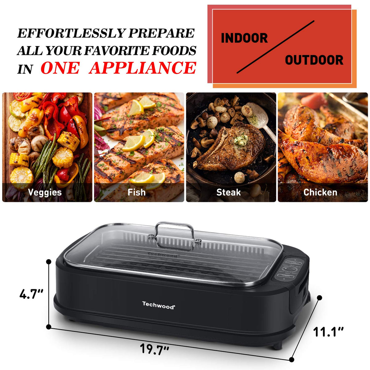Indoor Grill, Techwood 1500W Smokeless Electric Grill with Tempered Glass Lid, Compact & Portable Non-Stick BBQ Grill with 6-Level Control, Dishwasher Safe, Black