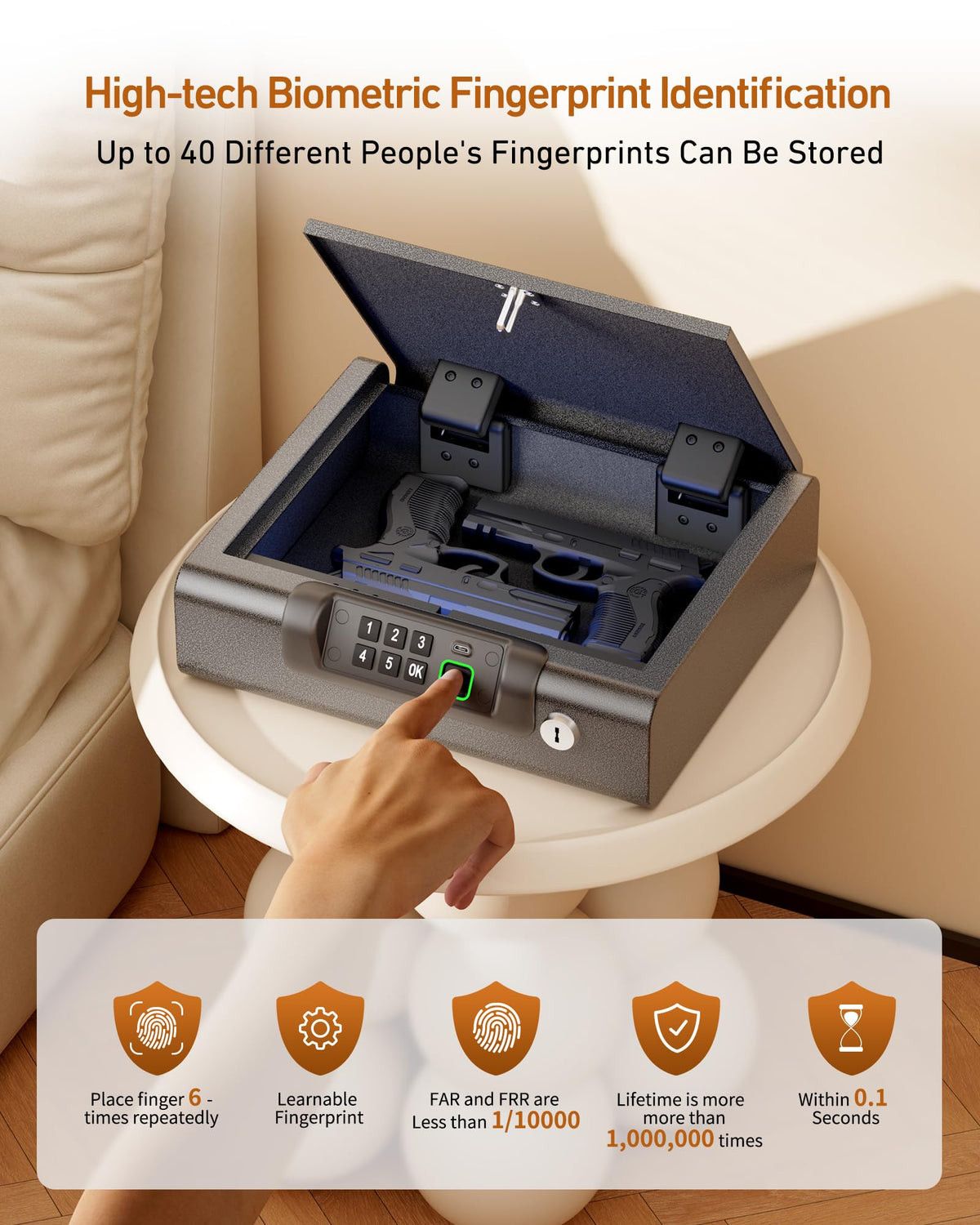 BILLCONCH Gun Safe,Biometric Fingerprint Gun Safe for Handgun Pistol Safes Fingerprint PIN Key Unlock, Interior Light Lock box with Silent Mode for Bedroom Nightstand