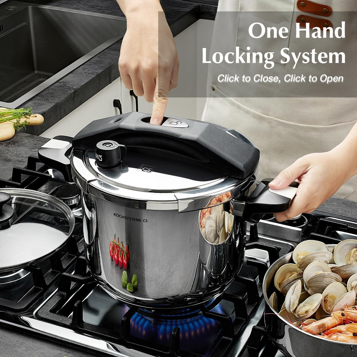 KOCH SYSTEME CS Stainless Steel Pressure Cooker 10.5 Quart, 3-in-1 Olla de Presion, One-Hand Locking, 3 PSI Settings Stovetop Pressure Pot, Induction Pressure Cooker, Glass Lid & Steamer, 10.5QT