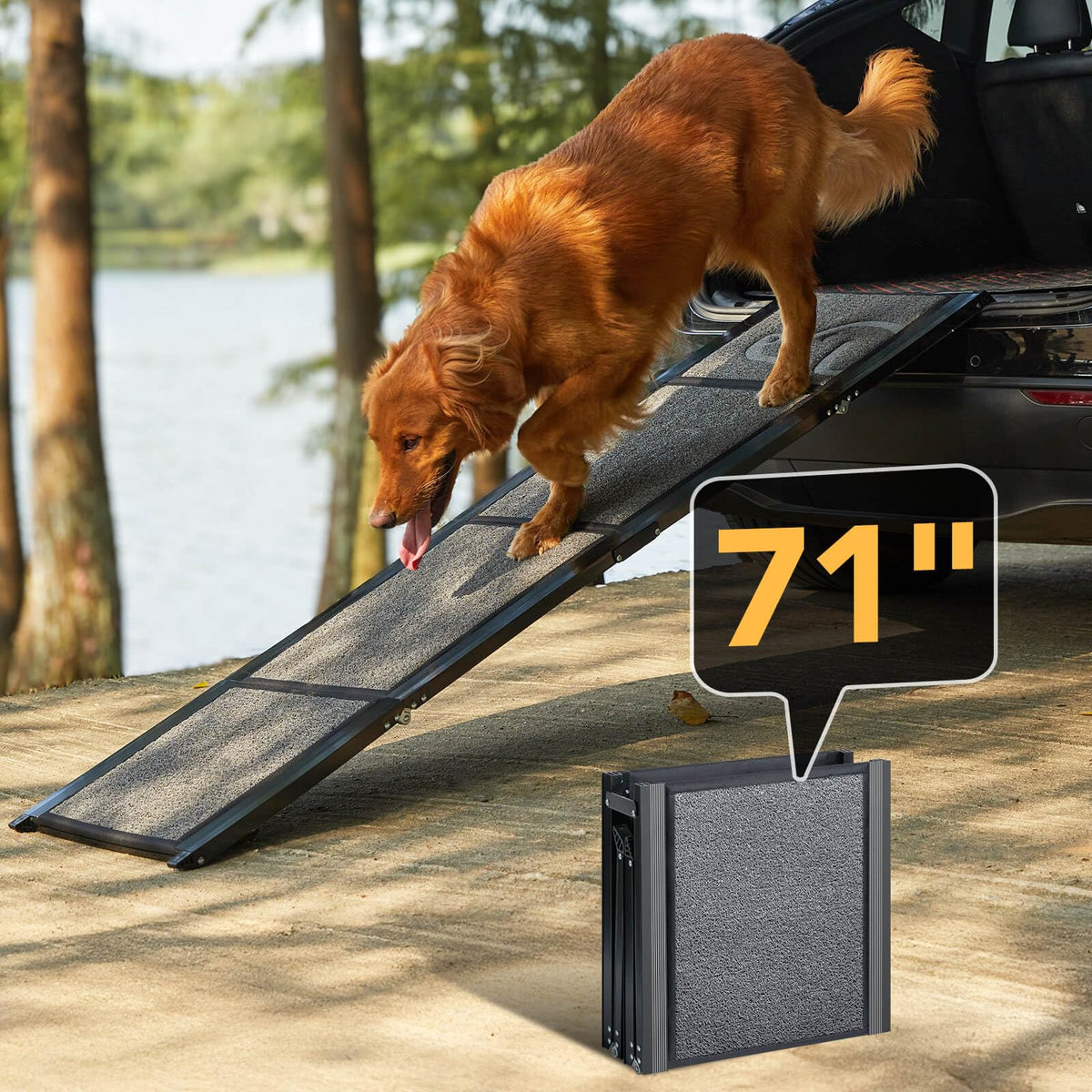 PetThem Dog Ramp for Cars, 71" L × 17.2" W, Extra-Long Foldable Extra-Long for a Gentler Climb, Non-Slip Rug Surface, 250-lb Capacity, Space-Saving Storage, Stable Support