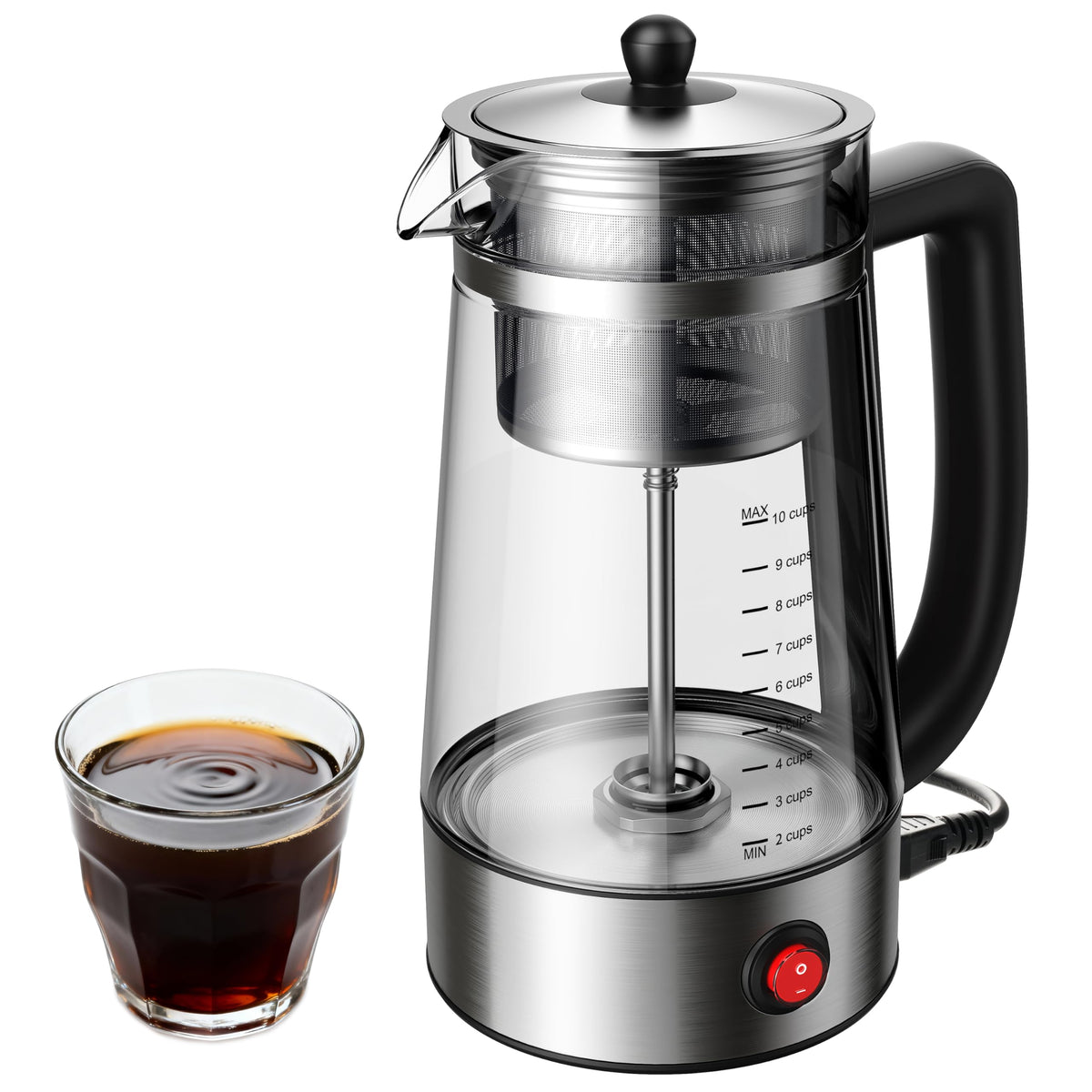 KIDISLE Percolator Coffee Pot Electric, 10-Cup Glass Coffee Percolator Brews Fast With 1000W Power, Features Durable Borosilicate Glass Carafe, Reusable Metal Filter, and Auto Keep-Warm Base
