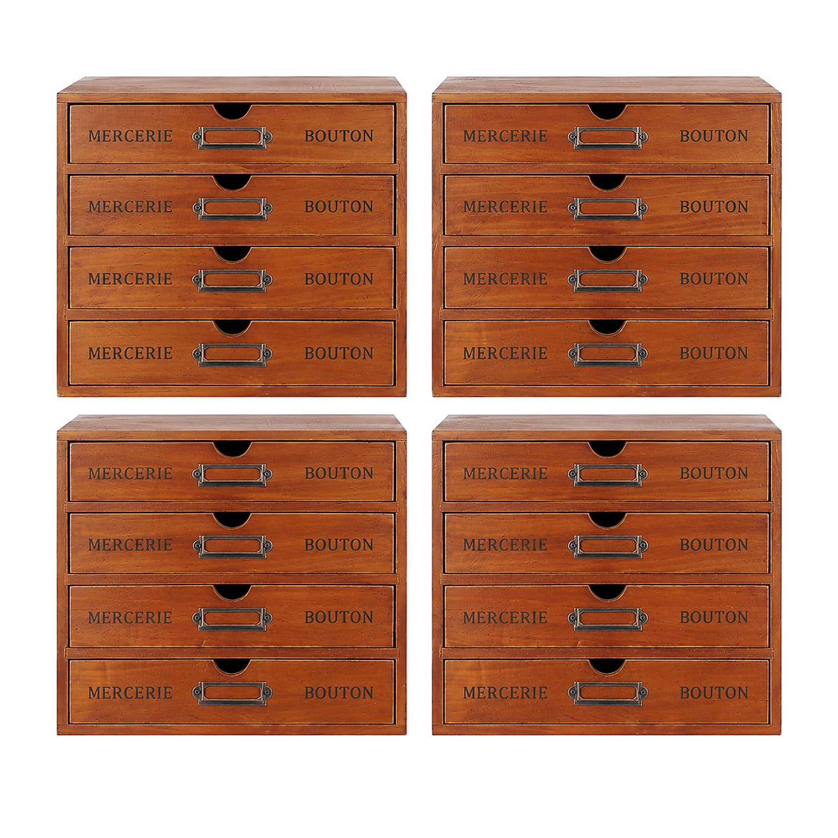 4 Pack Wood Apothecary Cabinets, 16 Drawers, Brown Pine Construction, Iron Label Holders, Ready Assembled, Office Supplies Organizer, Retro Look, Craft And Stationery Storage