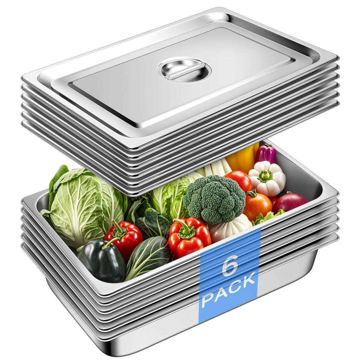 Stainless Steel Hotel Pans With Lids (6 Pack, Full Size 1/1 x 4" Deep) 1/1 Full Size Steam Table Pan, 14.3 Quart, Food Prep, Chafing Dishes for Buffet, Commercial Food Pans, Restaurant Supplies