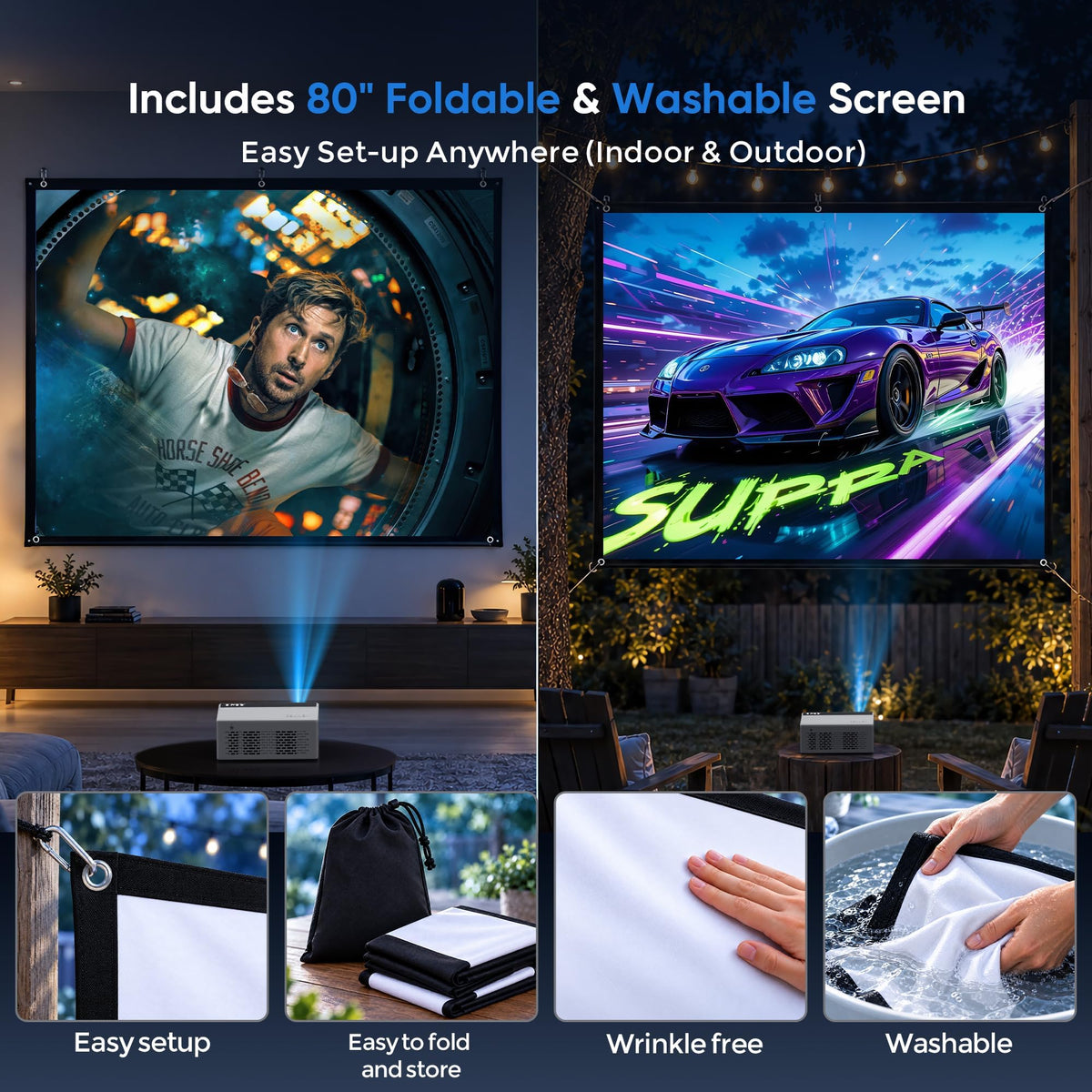 TMY Native 1080P Mini Portable Projector, 2-way Bluetooth, with 80in Screen 4K Support, 15W Powerful Speaker, Indoor/Outdoor Movies, Zoom & Timer Shutdown, TV Stick/Phone/PC/PS5/DVD/HDMI/USB Compatible