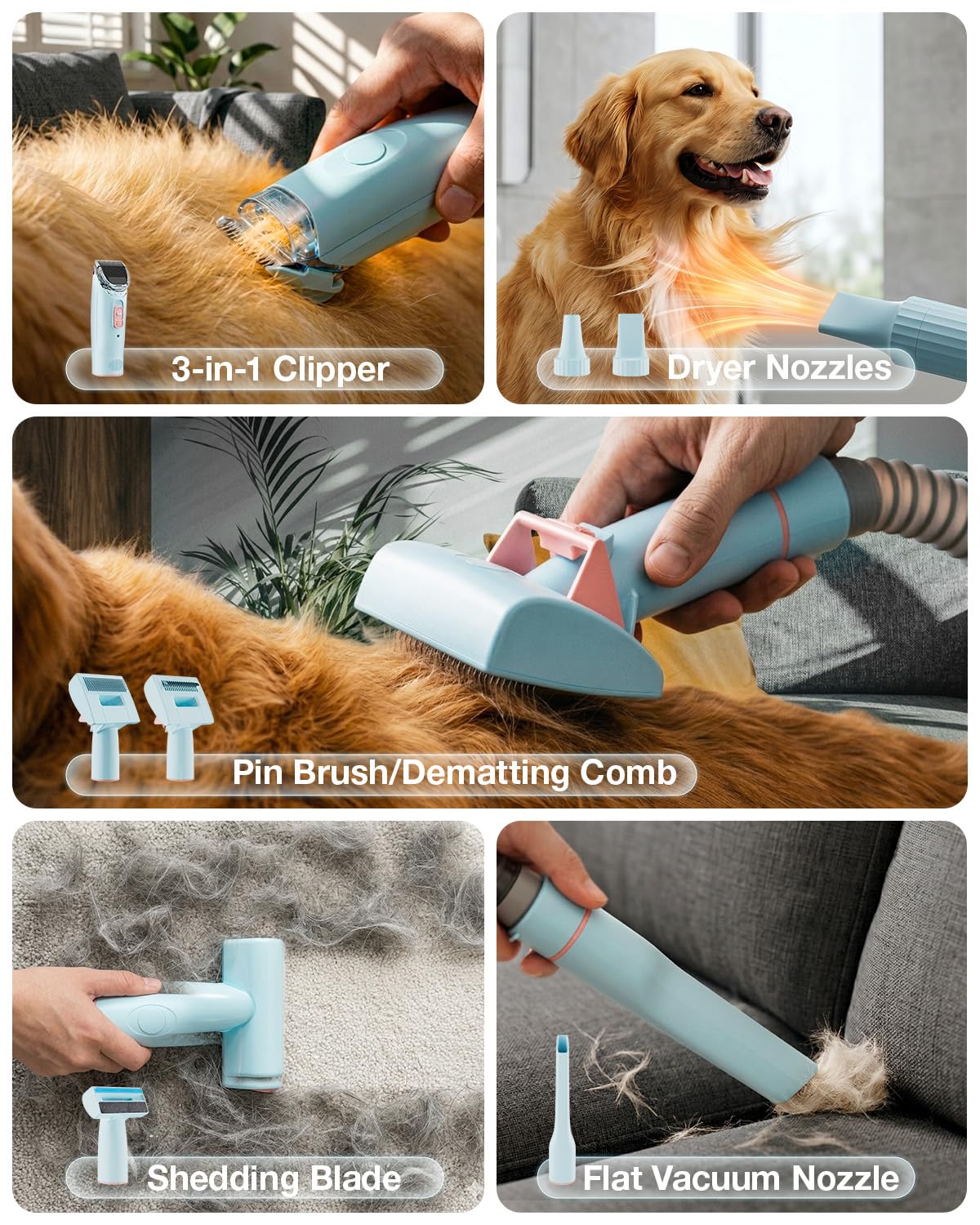 PETGUGU 11-in-1 Dog Grooming Vacuum & Dryer for Shedding/Grooming/Trimming Vacuum & Blower & Metal Blade Pet Clippers 13000Pa Suction 2.5L Dust Cup 45dB Low Noise, Storage Bag