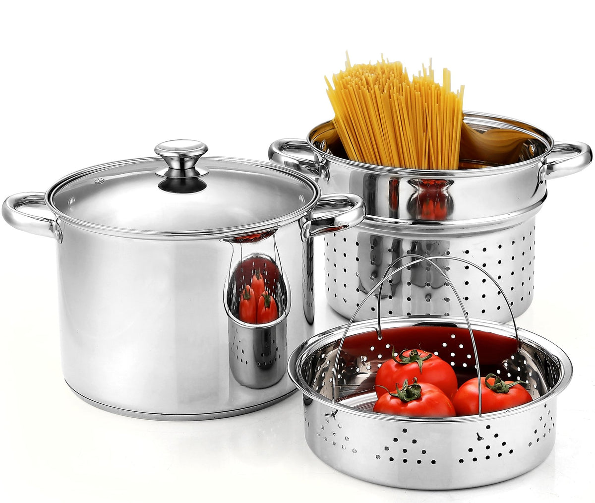 Cook N Home 8 Quart Stainless Steel Pasta Pot with Strainer Lid 3-in-1 Pots Steamer Basket, Pasta Strainer, Stock Pot with Lid - Pasta Cooker Induction Compatible, Dishwasher & Oven Safe