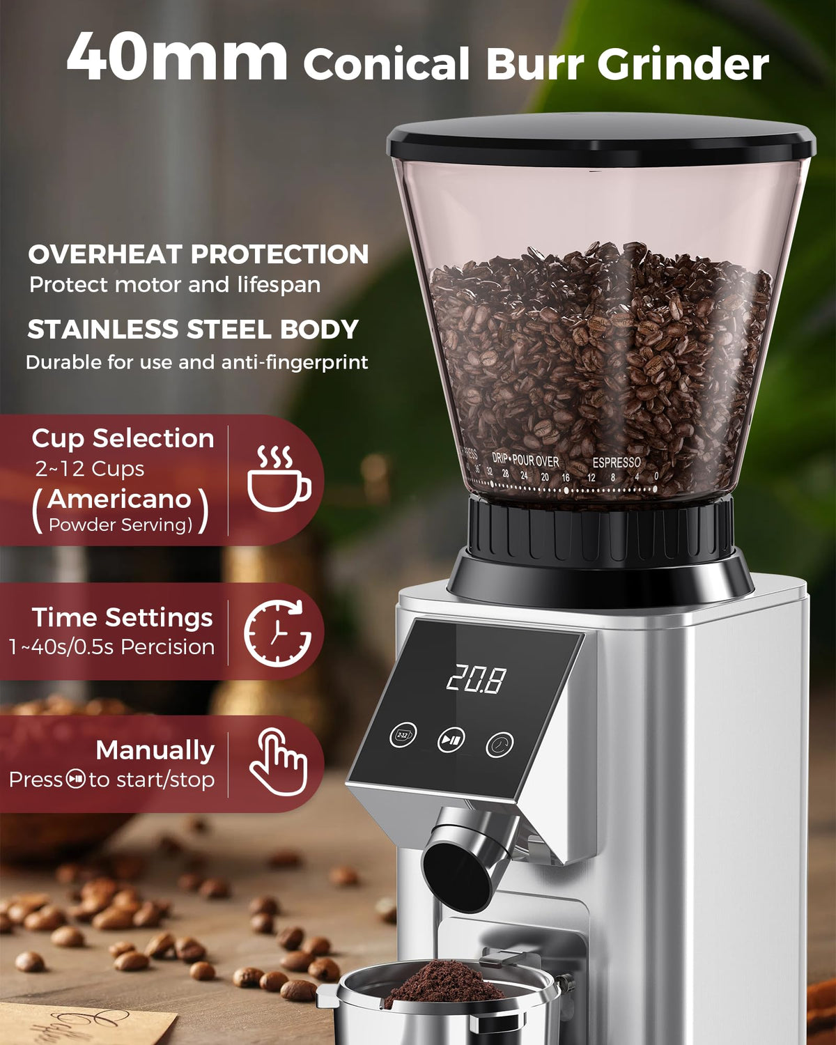 Tuni G1 Conical Burr Coffee Grinder with 48 Grind Settings, Silver Anti-static Burr Espresso Mill, Electronic Timer and LED Touchscreen for Drip/Cold Brew/French Press, Stainless Steel