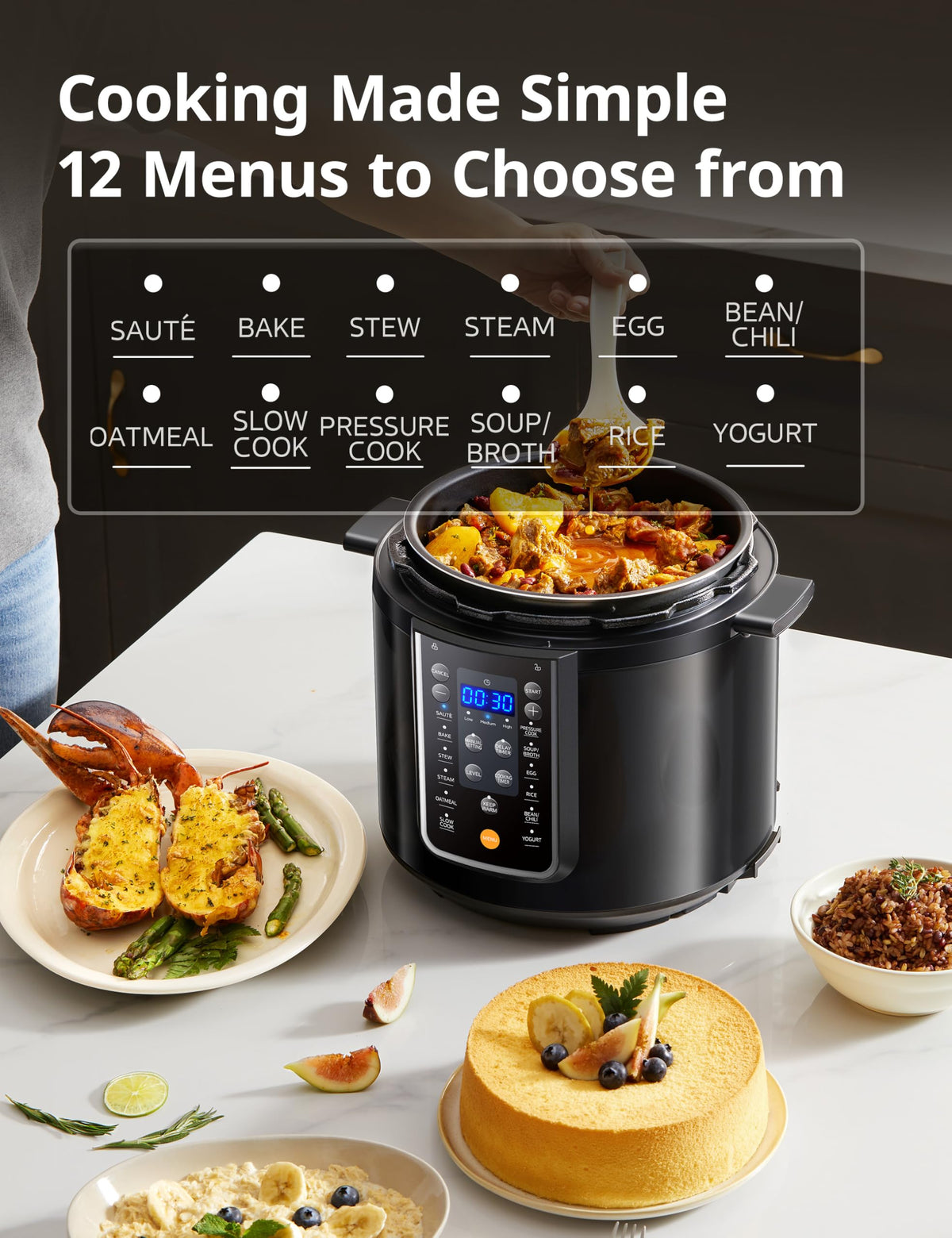 COMFEE' 12-in-1 Electric Pressure Cooker, 6 Quarts, Nonstick Pot 6QT, 12 menus, 9 cookers in one, 24H timer, Ceramic inner pot, built in safety features