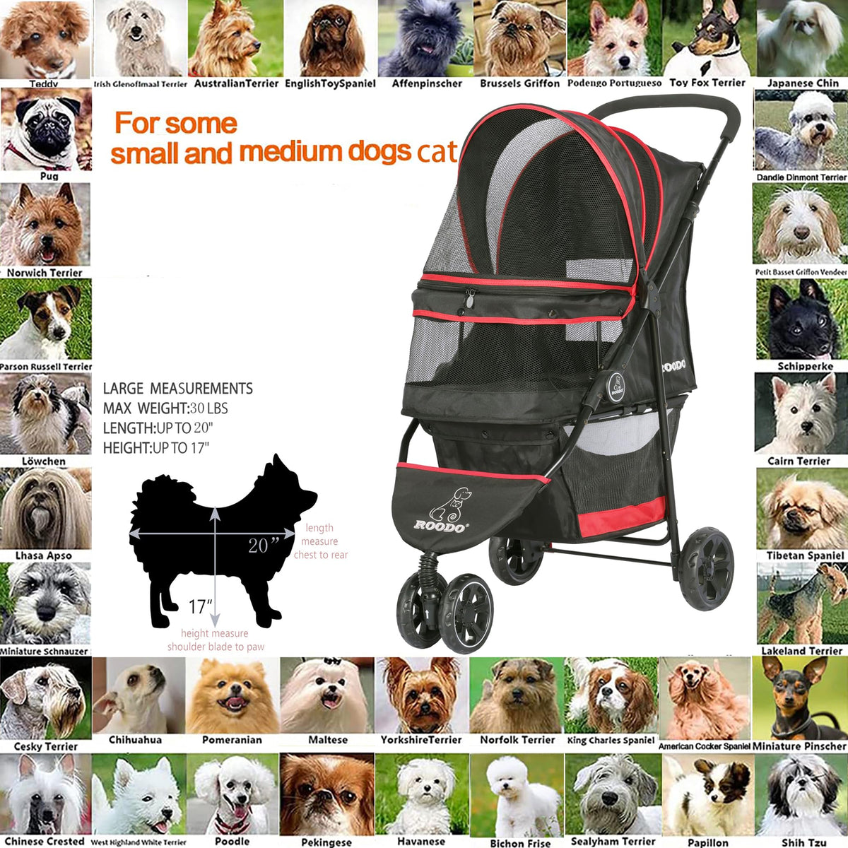 ROODO Escort 3 Wheel Dog Cat Pet Stroller for Small/Medium Dogs Cats Best Lightweight Foldable Portable Compact Jogger Travel All Terrain Pet Gear System Puppy Doggie Bunny Kitty Stroller(Black)