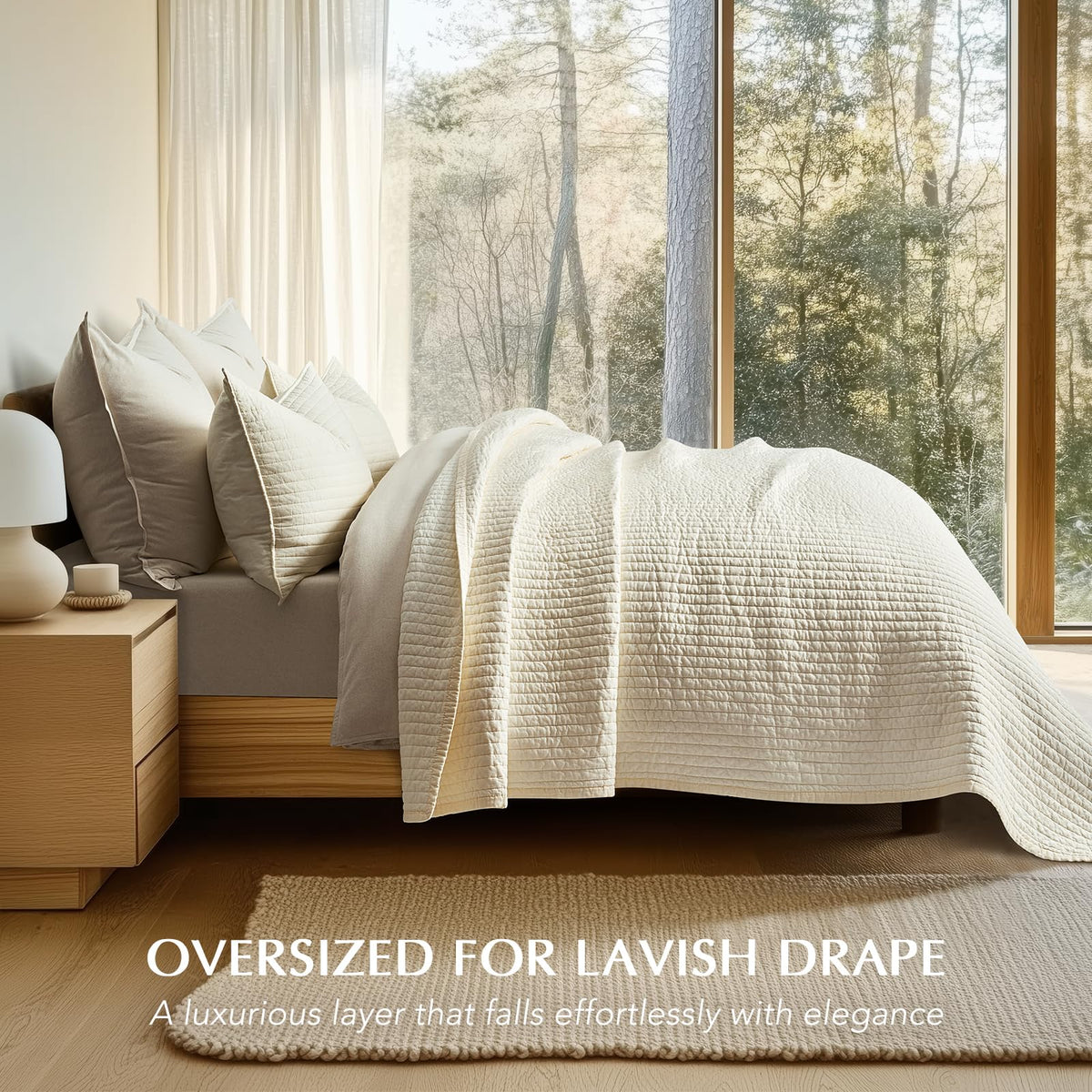 EVERGRACEHOME Cotton Sateen Quilt Set, Queen Size, Cream 100% Cotton, Channel Stitch Coverlet Bedspread, Pre-Washed Lightweight Soft Bedding Set for All Season, 3 Piece, with 2 Shams