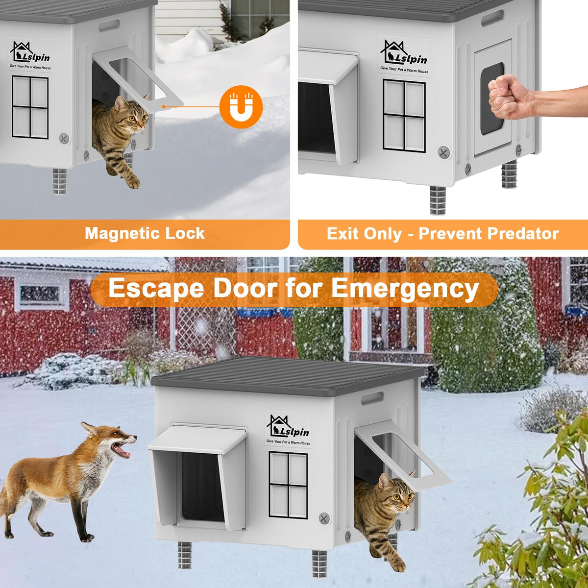 Large Heated Cat House for Outside Cats in Winter, Lslpin Weatherproof & Insulated Outdoor Feral Cat House with Escape Door,Outside Cats House Shelter with Heating Pad 21.6×16.9×17.5