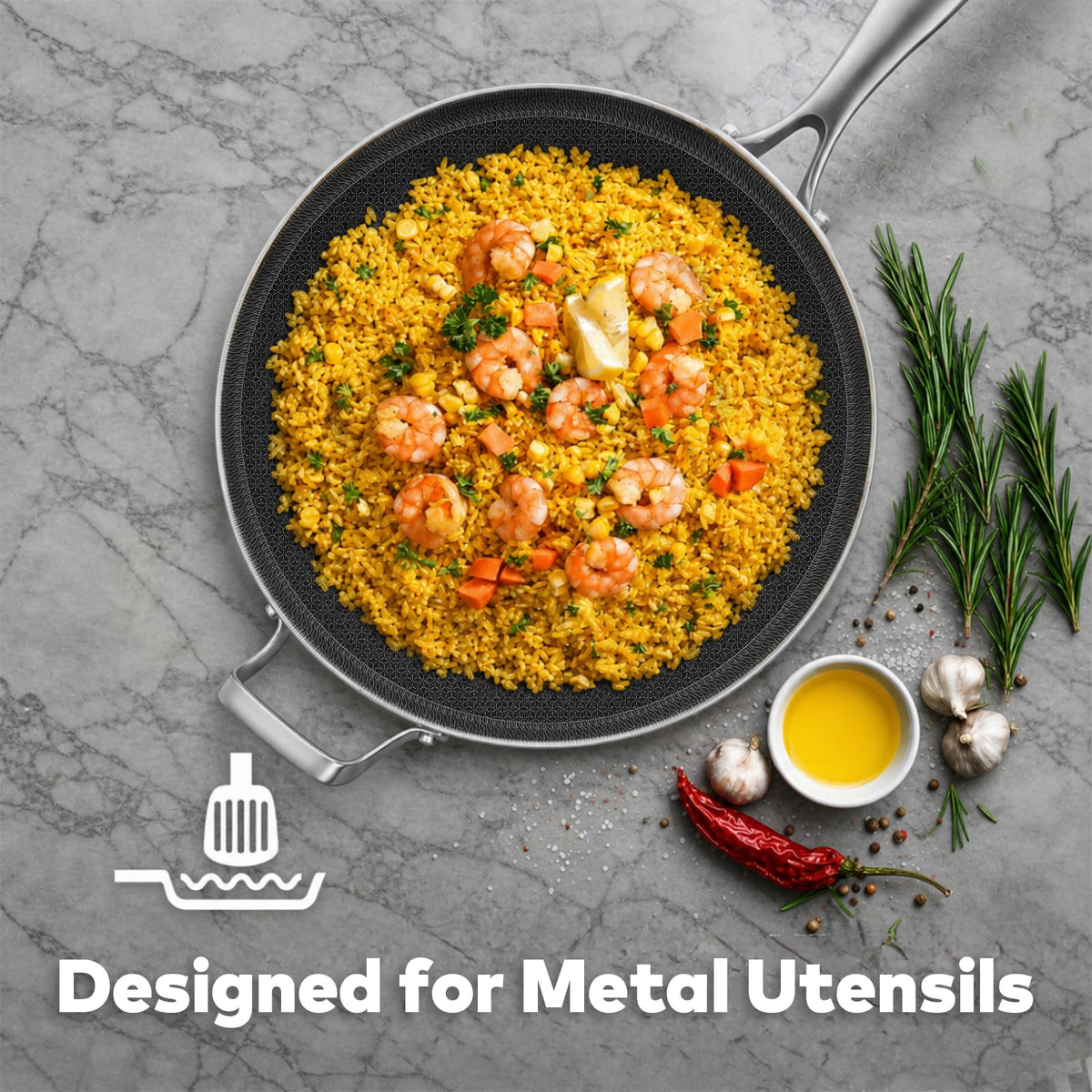 Inqibee 14.5-Inch Hybrid Ceramic Nonstick Chef's Pan with Lid Tri-Ply Stainless Steel Skillet for Family Meals, Scratch Resistant Surface, Induction Compatible, Dishwasher & Oven Safe