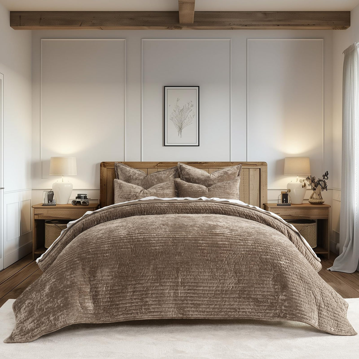 EverGrace Stripe Channel Luxury Velvet Quilt Set King Size, Mocha Brown Ultra Soft Velvet Bedding Set, Lightweight Comforter, Oversized Bedspread Coverlet for All Season, with 2 Matching Shams