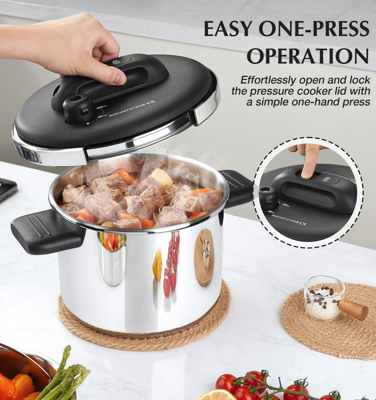 KOCH SYSTEME CS Stainless Steel Pressure Cooker 6.3 QT, Olla de Presion, Easy One-Press Lock, 3 PSI Settings Stovetop Pressure Cookers, Save 70% Time, Induction Compatible, Glass Lid & Steamer Rack