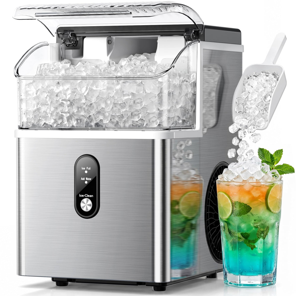 Crzoe Nugget Ice Maker Countertop, 35lbs/Day, Portable Pebble Ice Machine Sonic Crushed Ice Maker Countertop, Ready in 7 Mins, 43 dB Quiet, Self-Cleaning, for Home/Office, Stainless Steel Silver