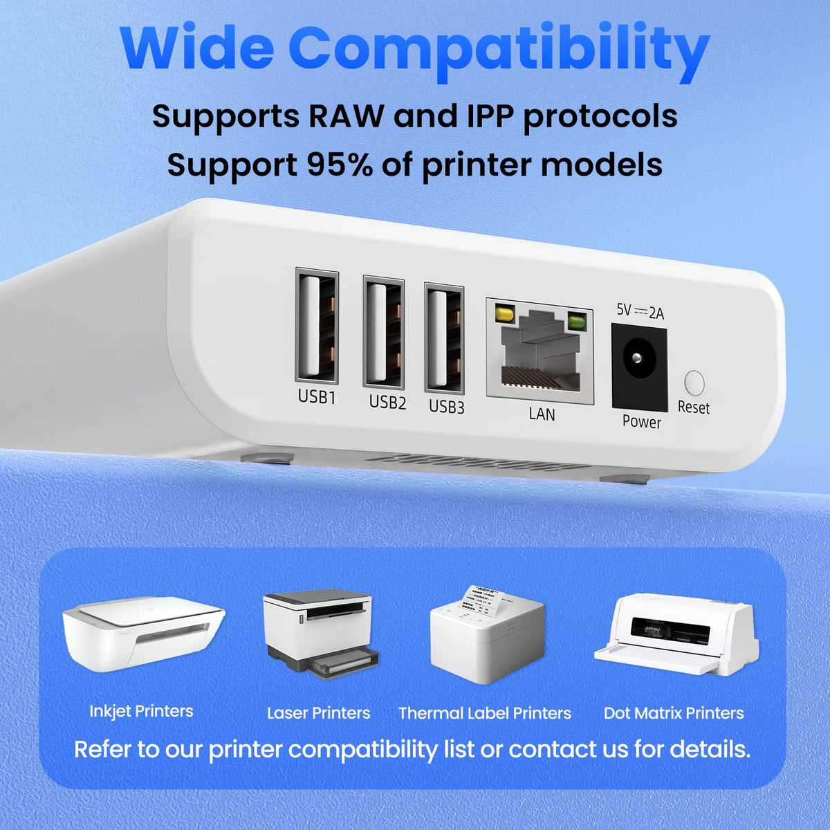 Wireless Print Server to Share 3 USB Printers Over Local Network Easy Setup, Support Ethernet WiFi, Compatible with All RAW-Supported Printers LK300W.