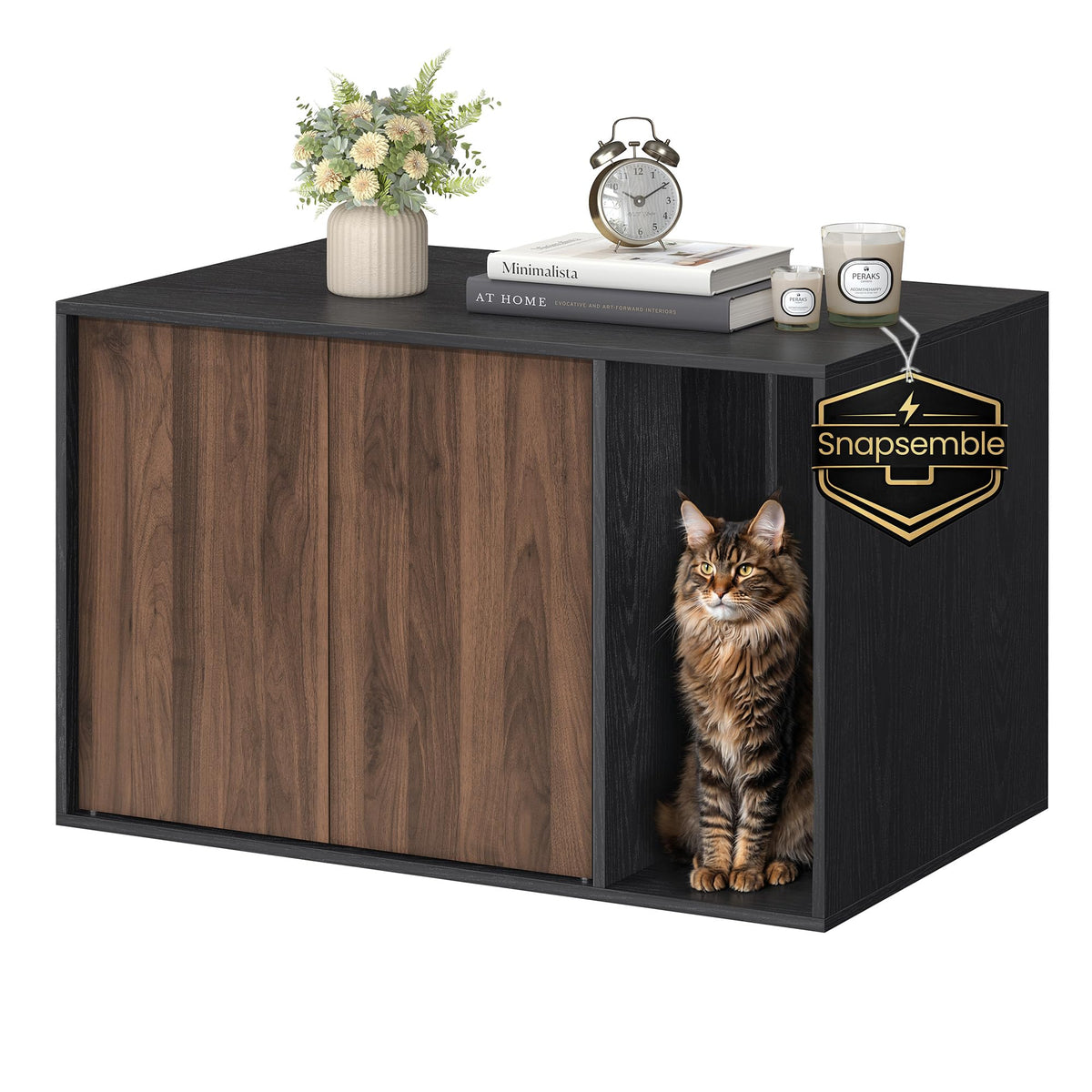 SONGMICS HOME Cat Litter Box Enclosure, Snapsemble Superfast Assembly Litter Box Furniture for Large Cats, Display Side Table, Push-to-Open Doors, Ebony Black and Somber Walnut UPCL013BE01S