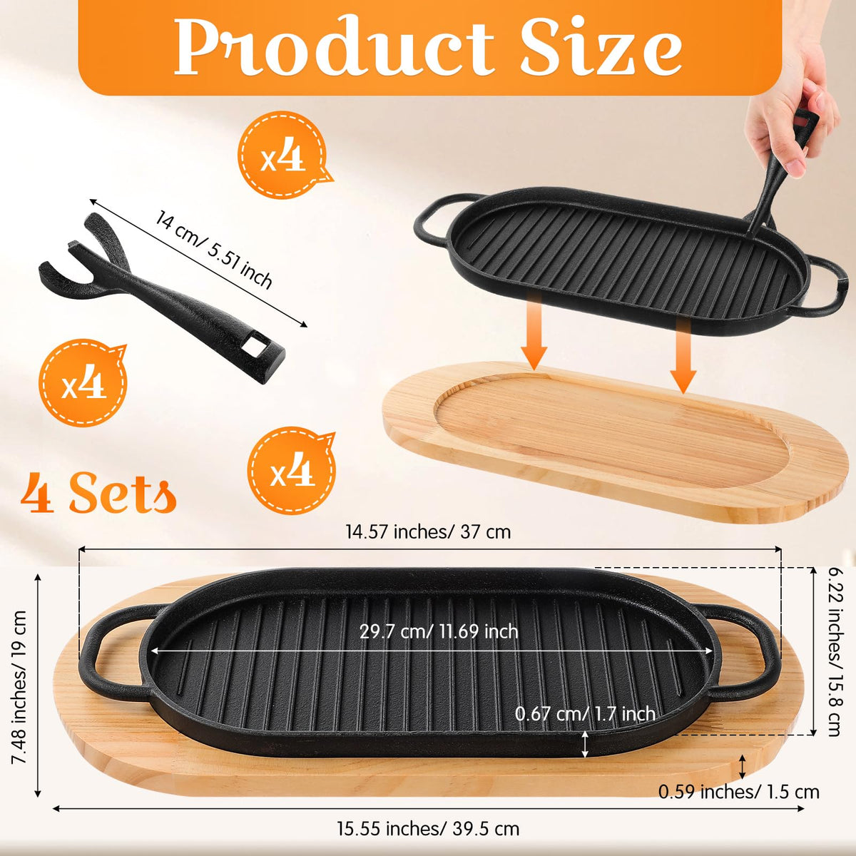 4 Sets Oval Cast Iron Fajita Skillet Pan Set, 12 x 6.3 Inch Sizzling Plate with Wooden Base, Removable Handle, Dual Loop Grips, Home Barbecue Kitchen Party Restaurant Catering Service