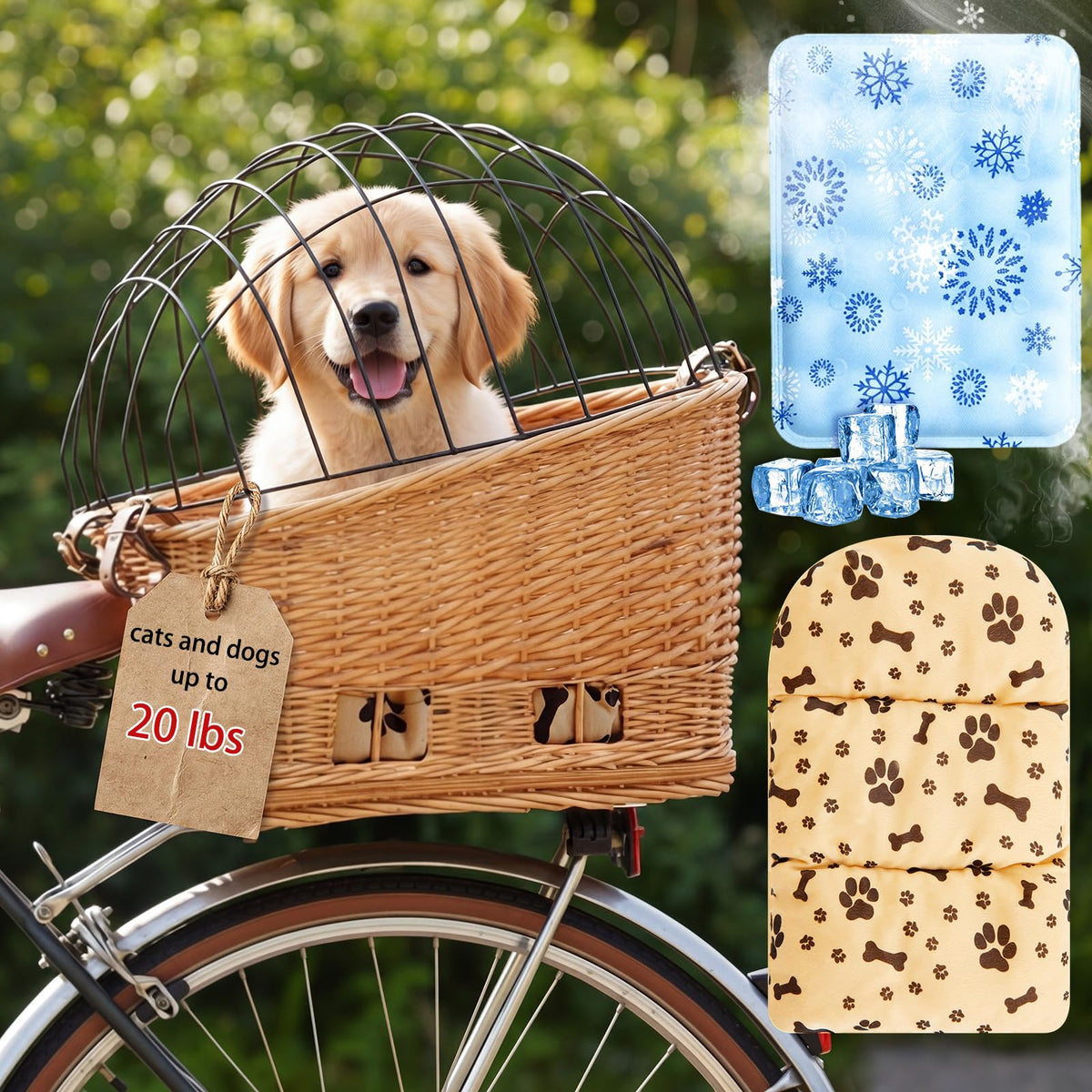 Wicker Dog Bike Basket for Small Dogs up to 20 Lbs, Tilted-top Fits Bicycle Rear Rack, Rattan Pet Carrier with Protective Grille, Cotton Cushion & Ice Pad, Breathable Design, Easy Install
