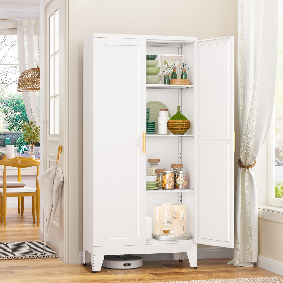 GAIOUS Metal Pantry Cabinet, Kitchen Pantry Storage Cabinets with 2 Door and 3 Adjustable Shelves, White Kitchen Pantry Cabinet, Freestanding Cupboard for Dining Room Living Room Bathroom
