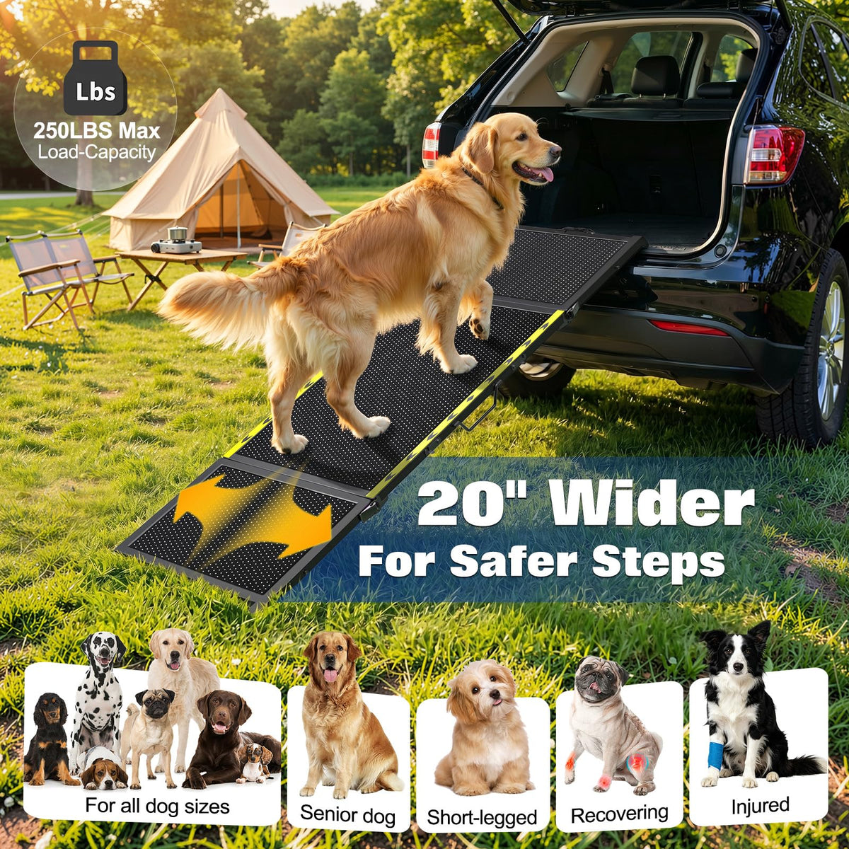 74"L x 20"W Extra Wide Dog Ramp for Car - Portable Pet Ramp for Large Dogs Extra Long, Wider, Foldable Dog Car Ramps for Truck, SUV, RV & Bed, Non-Slip, Supports Up to 250LBS, No Assembly, Black