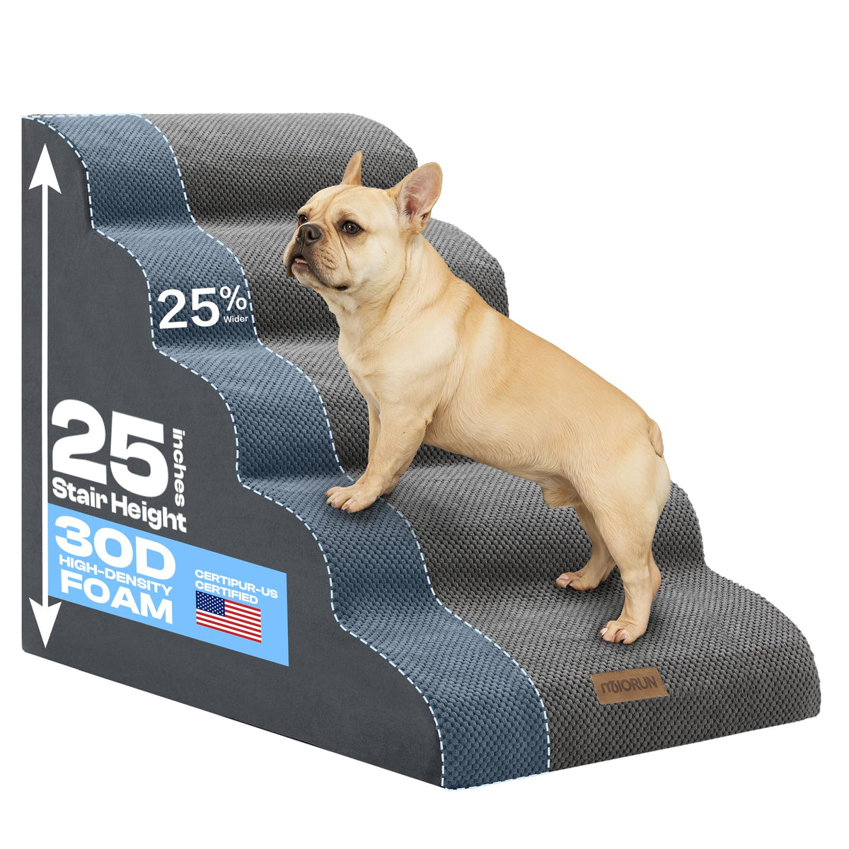 Miorun Extra Wide Dog Stairs for Large Dogs, 25" H Pet Steps for High Beds CertiPUR-US,20"W High-density foam,5-Step fits beds up to 30"tall,for pets up to 80 lb,stable ramp for senior pets