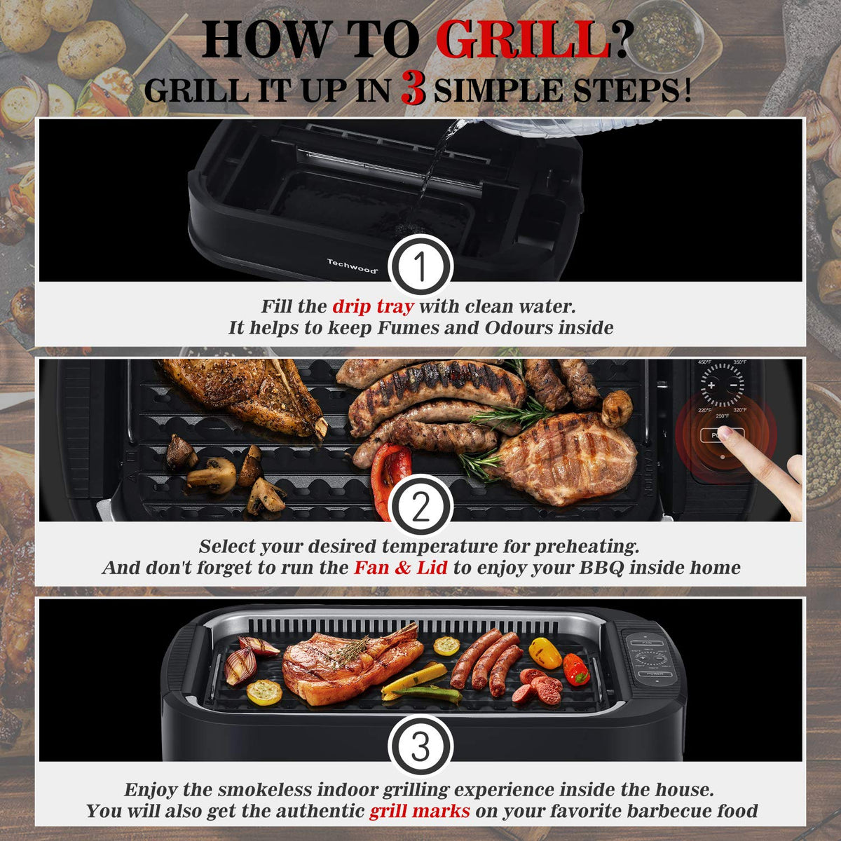 Indoor Grill, Techwood 1500W Smokeless Electric Grill with Tempered Glass Lid, Compact & Portable Non-Stick BBQ Grill with 6-Level Control, Dishwasher Safe, Black