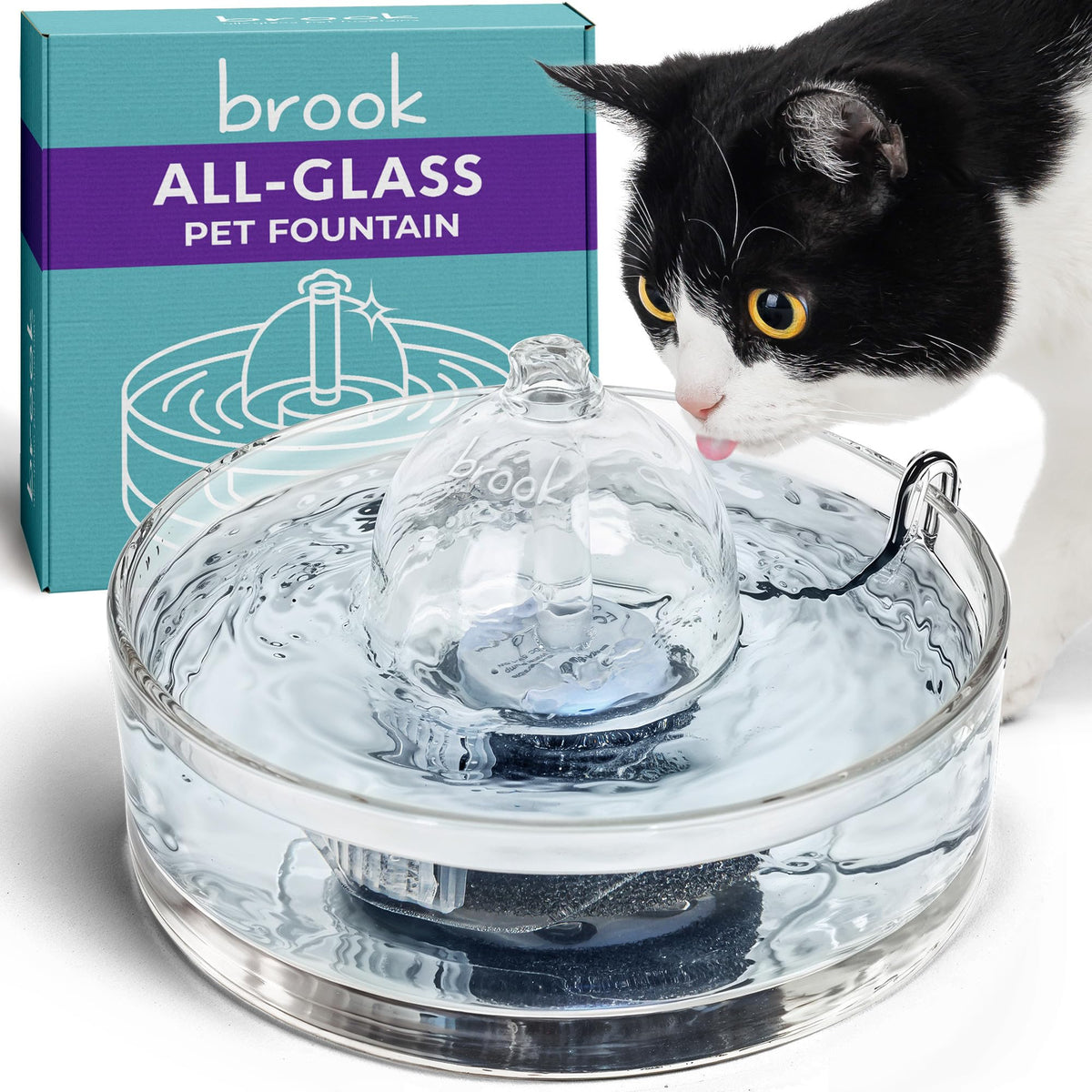 Brook Glass Cat Water Fountain 90oz – Dishwasher Safe Pet & Dog Fountain Automatic 2.7L drinking water dispenser – quiet, easy to clean glass bowl, filters included – for indoor cats, kittens & dogs