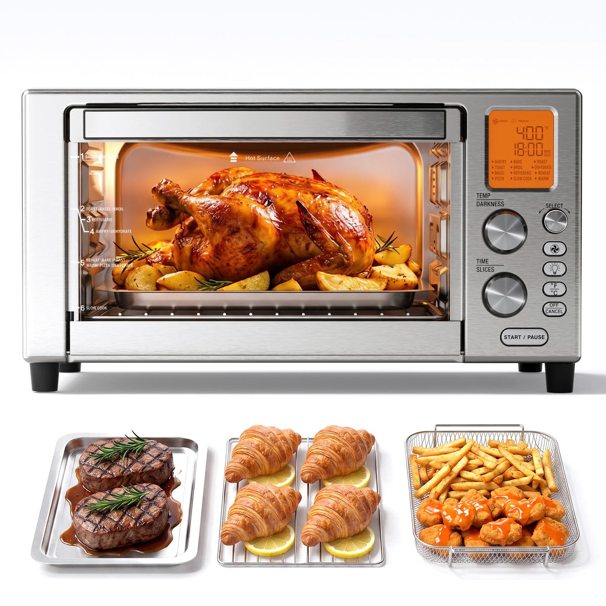 Electactic 12-in-1 Air Fryer Toaster Oven Combo, 22L Countertop Oven Stainless Steel 1500W Convection Oven with Rotisserie, Dehydrator and Slow Cook, 6 Rack Positions and 5 Accessories Included