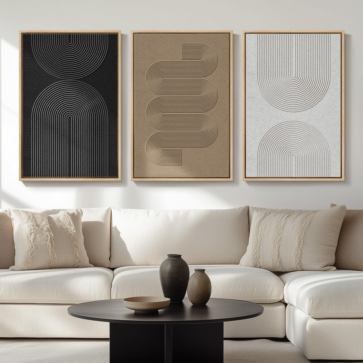 Large Framed Boho Black White Abstract Wall Art for Living Room, 24x36 In Set of 3 Neutral Canvas Prints, Modern Minimalist Artwork, Geometric Pictures, Office Bedroom Hallway Paintings Wall Decor