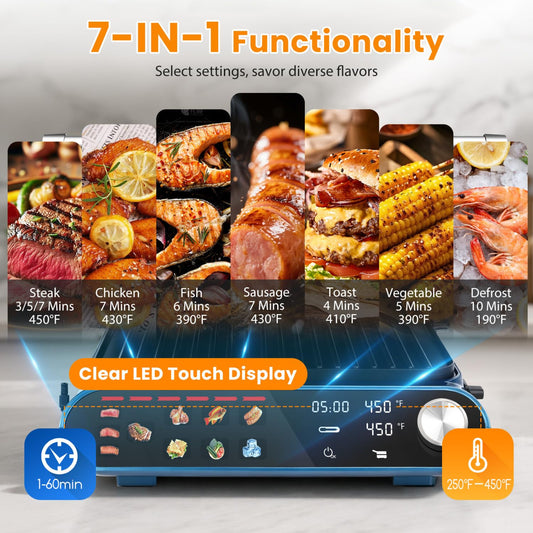 Taylor Swoden 7-in-1 Panini Press Sandwich Maker, Electric Indoor Grill 1500W, LED Touch Panel, Removable Non-Stick Plates & Drip Tray, Independent Temperature Control, 7 Modes, Opens 180 Degrees