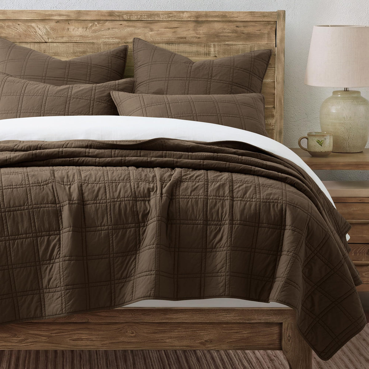 HORIMOTE HOME 100% Cotton Quilt Set King Size, Earth Brown Pre-Washed Bedspreads Coverlet Set in Geometric Pattern, Cozy Lightweight Stitching Decorative Bedding Cover with 2 Shams for All Season