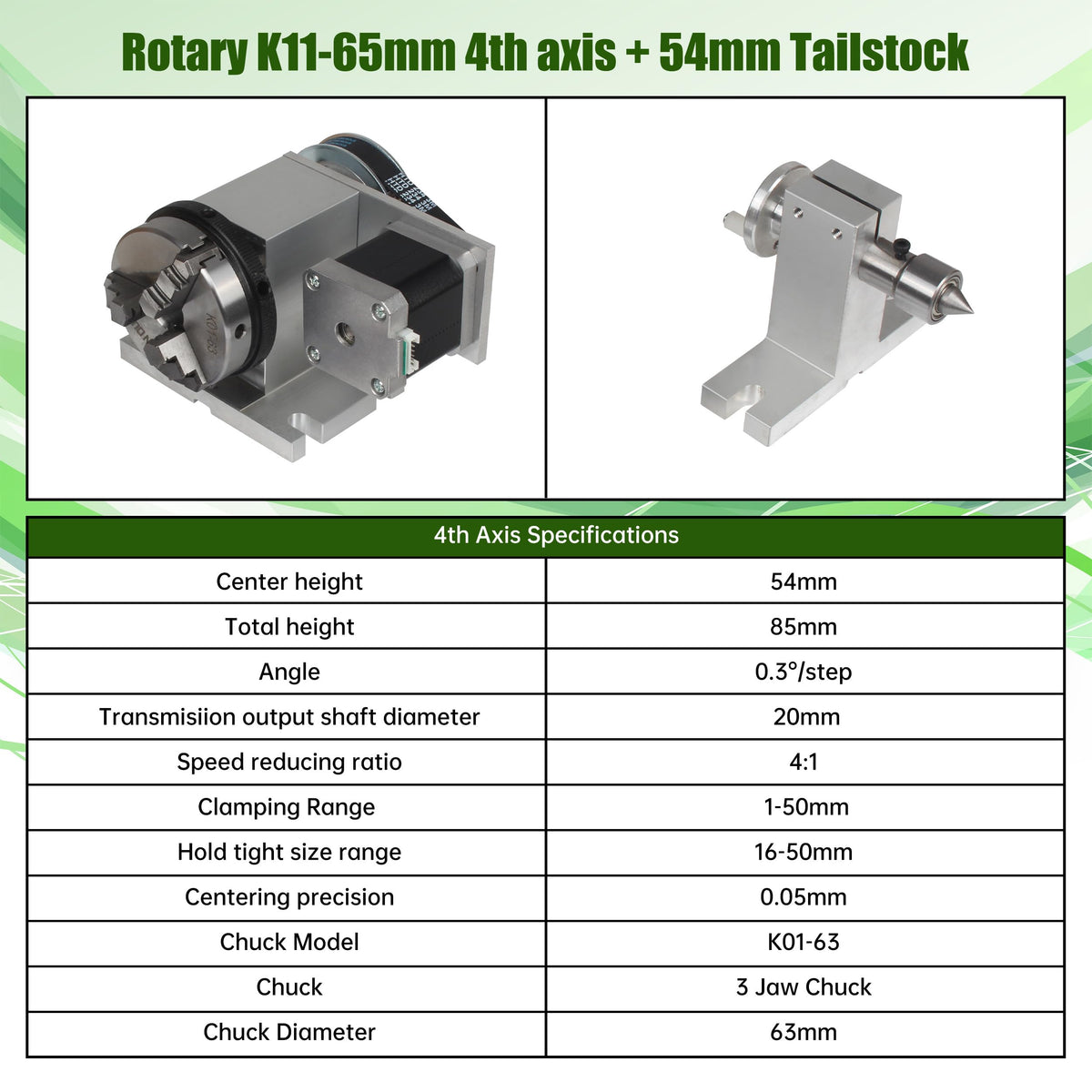 CNCTOPBAOS CNC Machine 4th Axis Rotary Table 65mm 3 Jaw Chuck w/Tailstock Reduction Ratio 4:1, Rotational A Axis Dividing Head For CNC Router Milling Machine,Engraver,Lathe, Nema17 Stepper Motor 1.7A