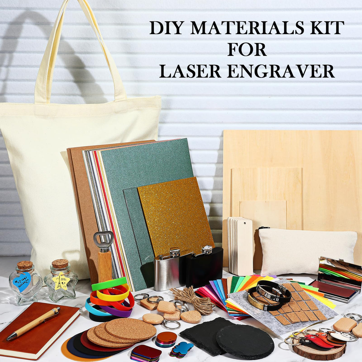 Dunzoom 257 Pcs Laser Material Kit, Laser Engraving Materials Includes Acrylic, Metal, Wood, Fabric, PU Leather, Glass, Rock, Rubber for Laser Engravers DIY Crafts Cutting Project Cutters