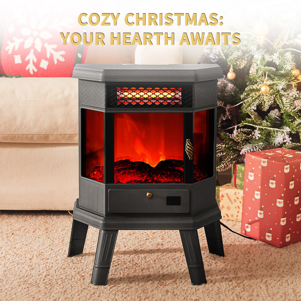Electric Fireplace Heater 22 in Freestanding Fireplace Stove Infrared Fireplace RealSmart with 3D Flame Effect Remote Control, Timer, Overheating Protection Heater for Indoor Use Black