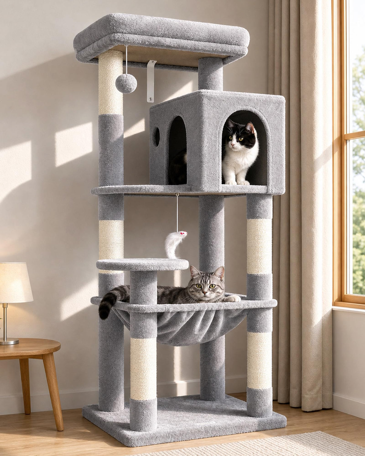 Globlazer Cat Tree Tower with Scratching Post for Indoor Cats, F53 53in Space-Saving Multi-Level Climbing Tower with Large Hammock, Spacious Cat Condo House, Padded Top Perch, Light Grey