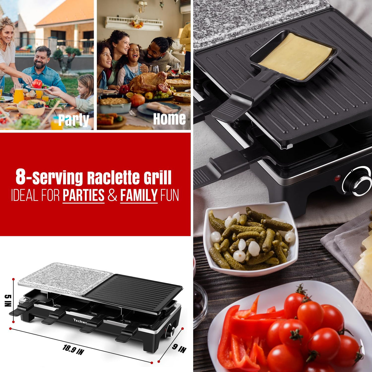 Raclette Grill, Techwood Electric Indoor Grill with 2 Reversible Non-stick Grill Griddle Plates, 1 Stone Grill Plate, 1500W Fast Heating with 8 Cheese Pans, Ideal for Parties and Family Fun, Black