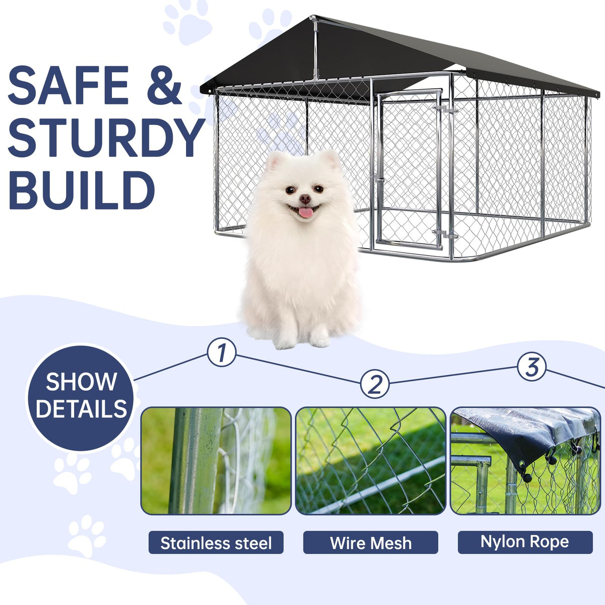 Petony Large Outdoor Dog Enclosure,Heavy Duty Dog Kennel with Roof,Galvanized Steel Dog Cage Fence with Double Safety Locks(78.8" L x 78.8" W x 65" H)