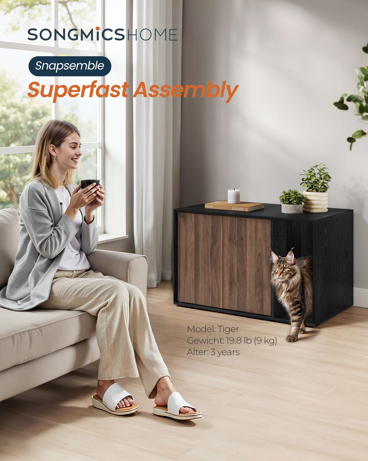 SONGMICS HOME Cat Litter Box Enclosure, Snapsemble Superfast Assembly Litter Box Furniture for Large Cats, Display Side Table, Push-to-Open Doors, Ebony Black and Somber Walnut UPCL013BE01S